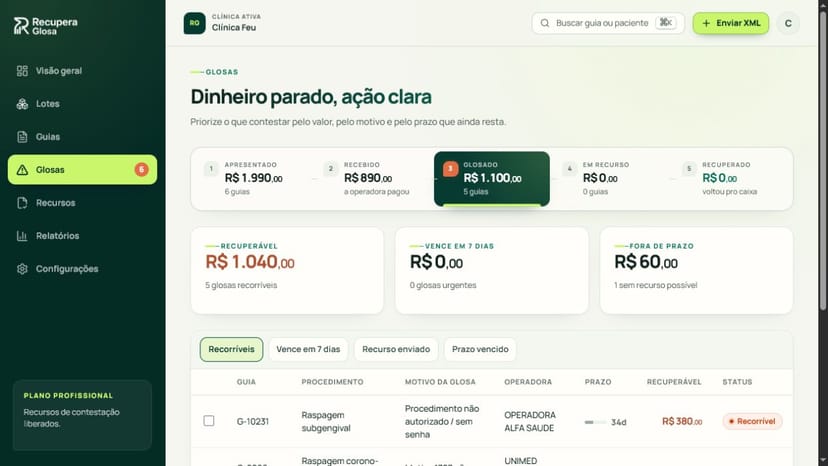 Fila de glosas priorizada por valor e prazo