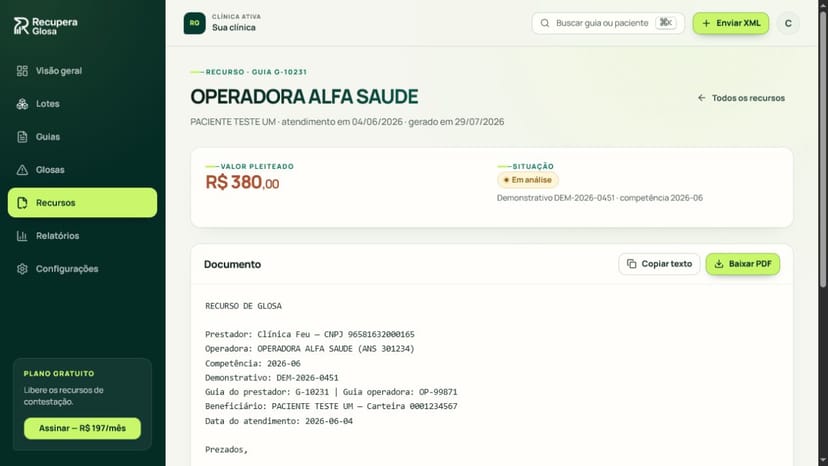 Recurso de glosa gerado automaticamente a partir do XML